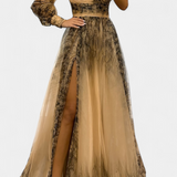 Natalija Maxi Obleka iz Chiffona z Odkritim Ramenom in Voluminozno Rožo