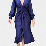 Lena Dolga Obleka z Dolgimi Rokavi in V-Izrezom