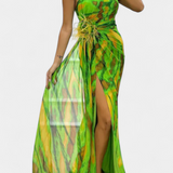 Blanka Maxi Asimetrična Haljina z Vibrantnim Vzorcem