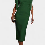 Vesna Midi Obleka z Bisernimi Detajli in Okruglim Izrezom