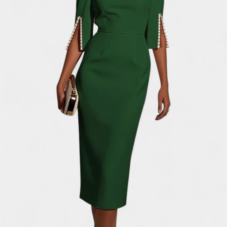 Vesna Midi Obleka z Bisernimi Detajli in Okruglim Izrezom