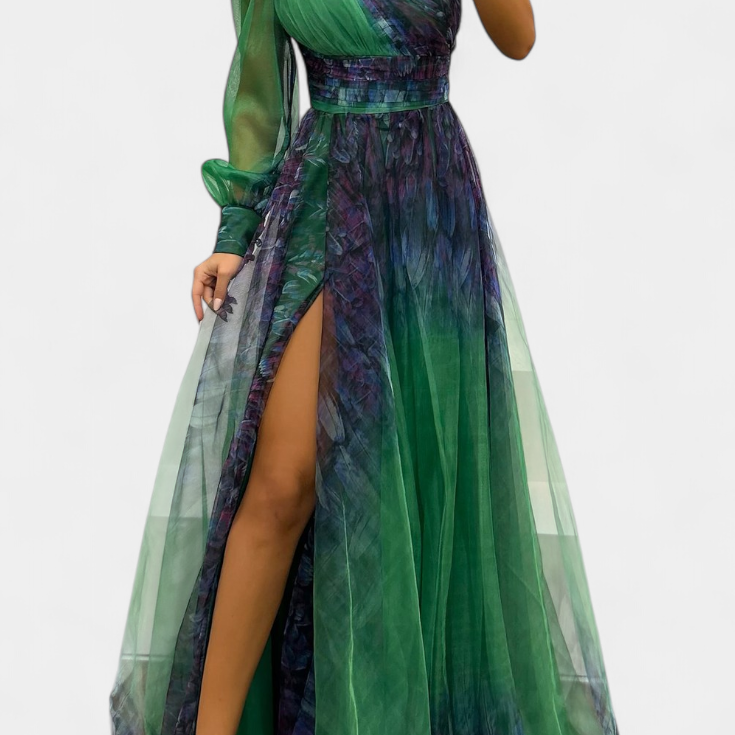 Natalija Maxi Obleka iz Chiffona z Odkritim Ramenom in Voluminozno Rožo