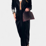 Vilma Dolga Obleka iz Zlatega Baršuna z V-Izrezom