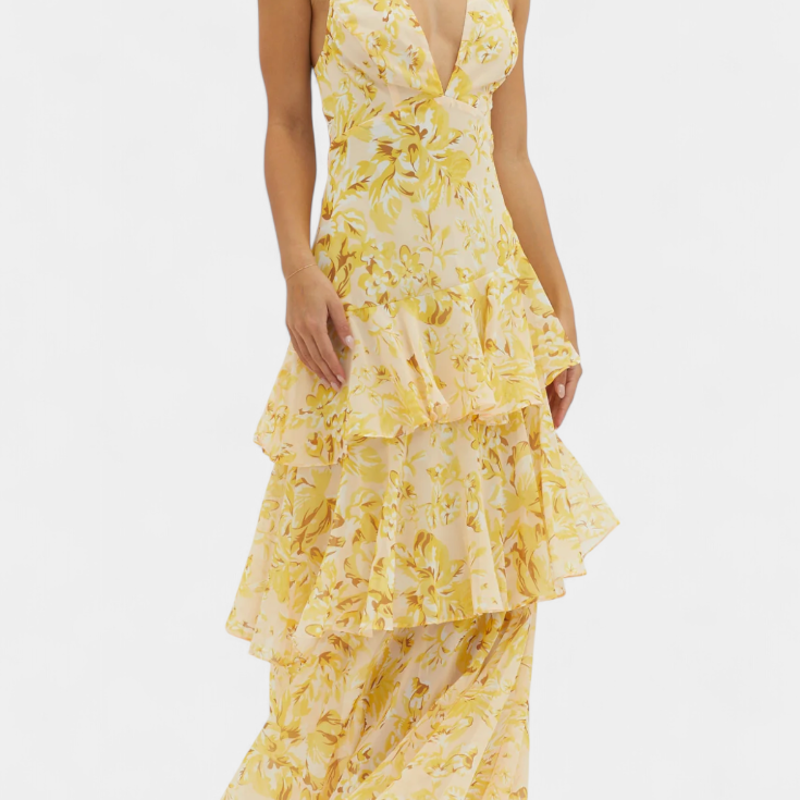 Valentina - Chiffon obleka z V-izrezom in lepršavimi rokavi