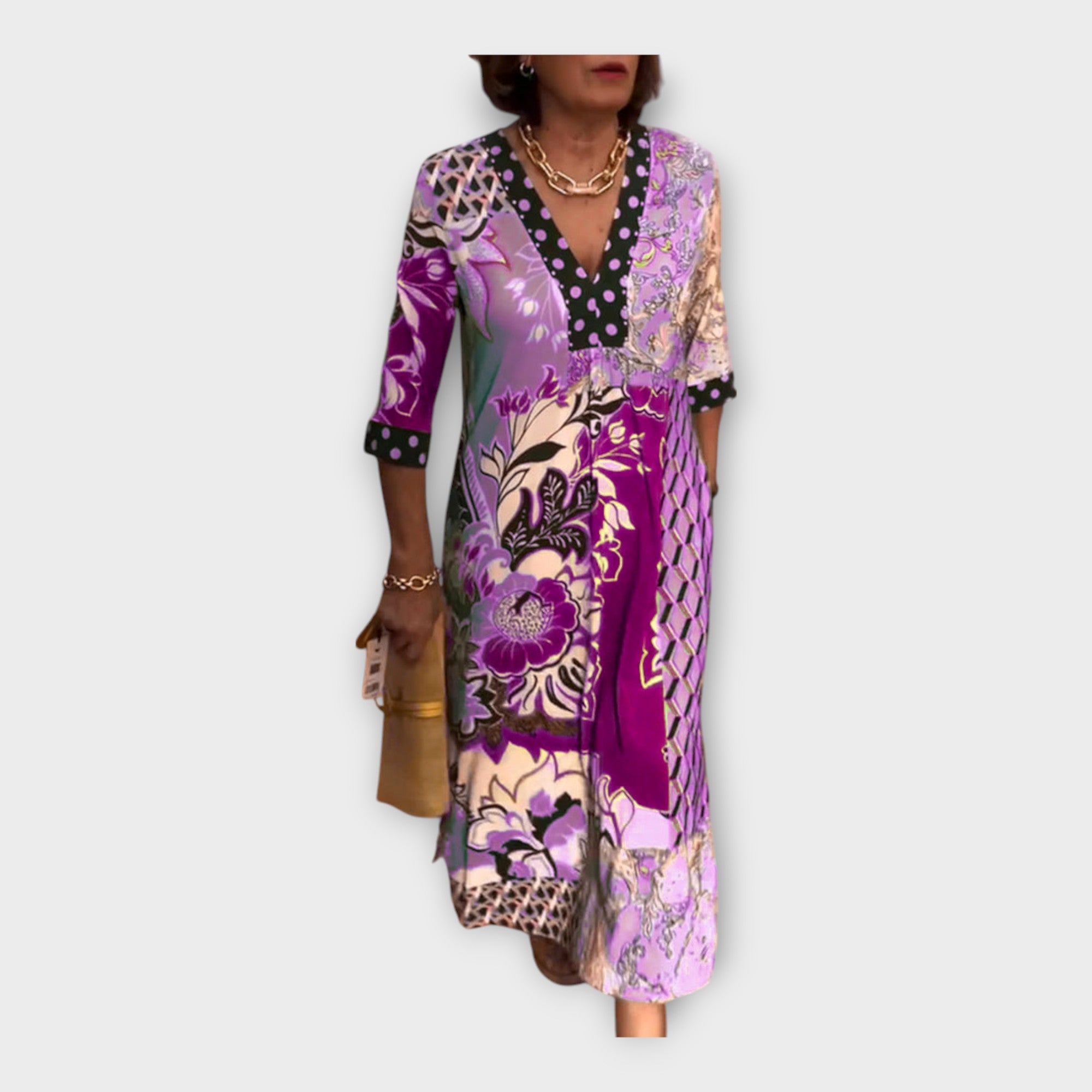 Večbarvna obleka s gumbi in 3/4 rokavi