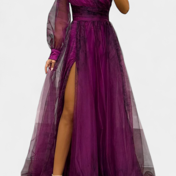 Natalija Maxi Obleka iz Chiffona z Odkritim Ramenom in Voluminozno Rožo