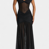 Milica Dolga Obleka iz Mleka Svile z Globokim Izrezom in Oblikovanimi Nabranji