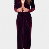 Vilma Dolga Obleka iz Zlatega Baršuna z V-Izrezom