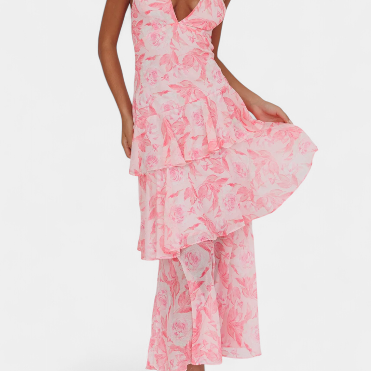 Valentina - Chiffon obleka z V-izrezom in lepršavimi rokavi