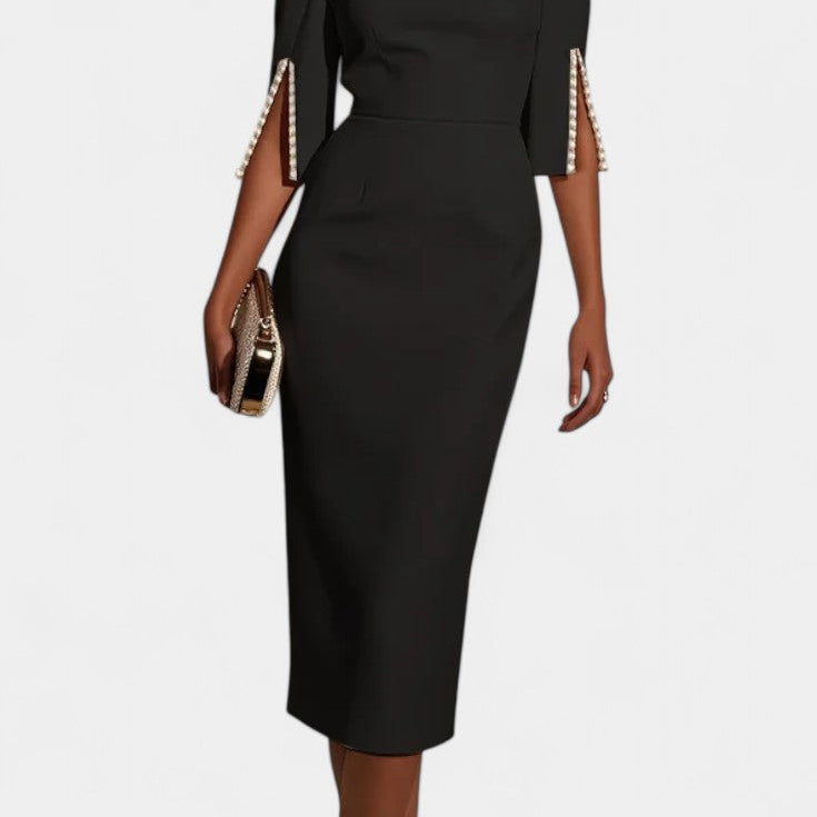 Vesna Midi Obleka z Bisernimi Detajli in Okruglim Izrezom