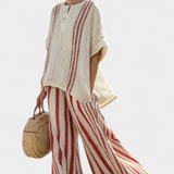 Osupljivo Dvodijelno Obleko Daisy s Rdečimi Črtami v Naravni Teksturi