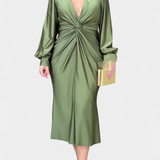 Veselka Dolga Obleka z Dolgimi Rokavi in V-Izrezom