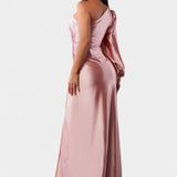 Andrea Asimetrična Obleka z Draperijo na Enem Ramu